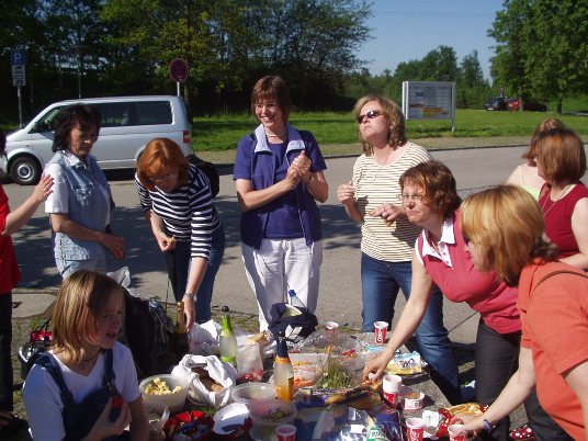Reisegruppe bei einer Rast: Frauen stehen in der Sonne um einen reich gedeckten Picknicktisch an einem Parkplatz, im Hintergrund ein Kleinbus