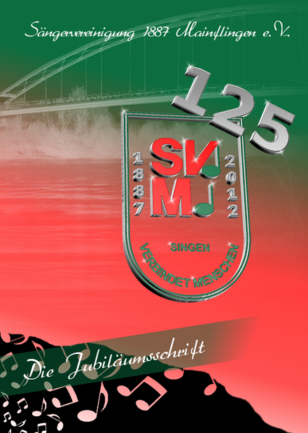 Titelseite der Jubiläumsschrift in Grün und Rot mit der Mainbrücke, dem Jubiläumswappen mit der 125 und der Aufschrift „Die Jubiläumsschrift“