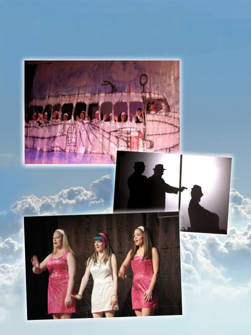 Drei Szenenfotos aus dem Musical „Göttliche Schwestern“: Nonnen in einem gemalten Flugzeug, Gangster-Silhouetten hinter der Schattenwand und drei Sängerinnen in Glitzerkleidern