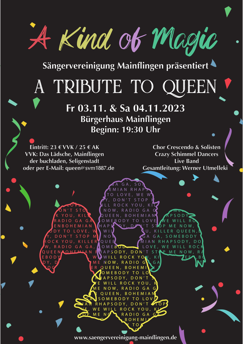 Plakat zum Konzert „A Kind of Magic – A Tribute to Queen“ am 3. und 4. November 2023 im Bürgerhaus Mainflingen, mit vier bunten Figurenumrissen aus Queen-Songtiteln