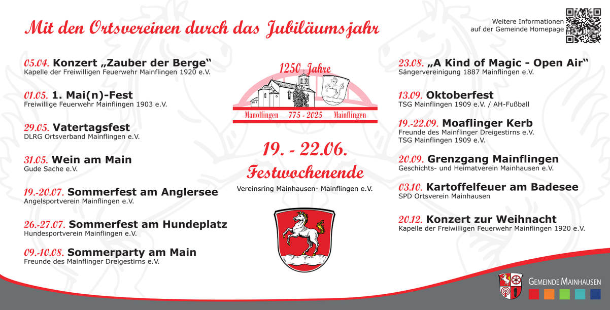 Plakat „Mit den Ortsvereinen durch das Jubiläumsjahr“ mit den Terminen der Mainflinger Vereine von April bis Dezember 2025